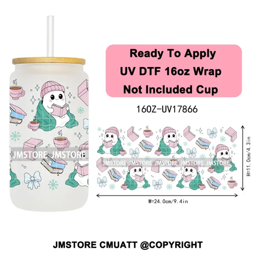 Coquette Christmas Spooky Ghosts UV DTF Cup Wrap Ready To Apply Transfer Stickers Custom 16OZ Tumbler Wraps For Libbey Glass Can