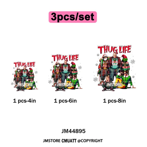 Winter Christmas Cartoon Holiday Characters Thug Life Green Iron on Washable DTF Transfers Stickers Ready to Press for Textiles