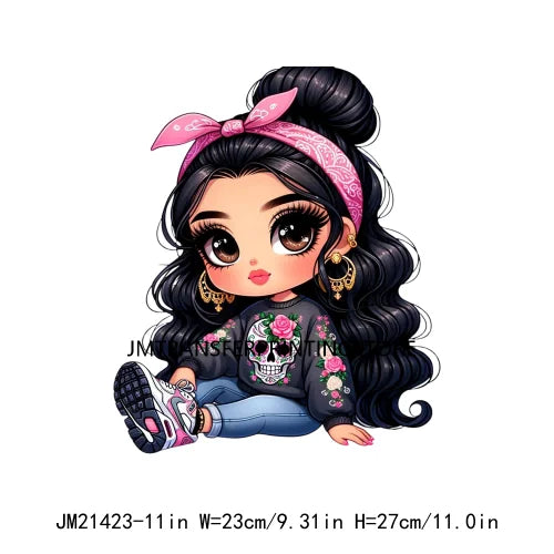 Pink Bow Long Hair Chibi Cute Chicana Doll Girls With Earing Washable Iron On DTF Transfers Stickers Designs For Sweatshirt