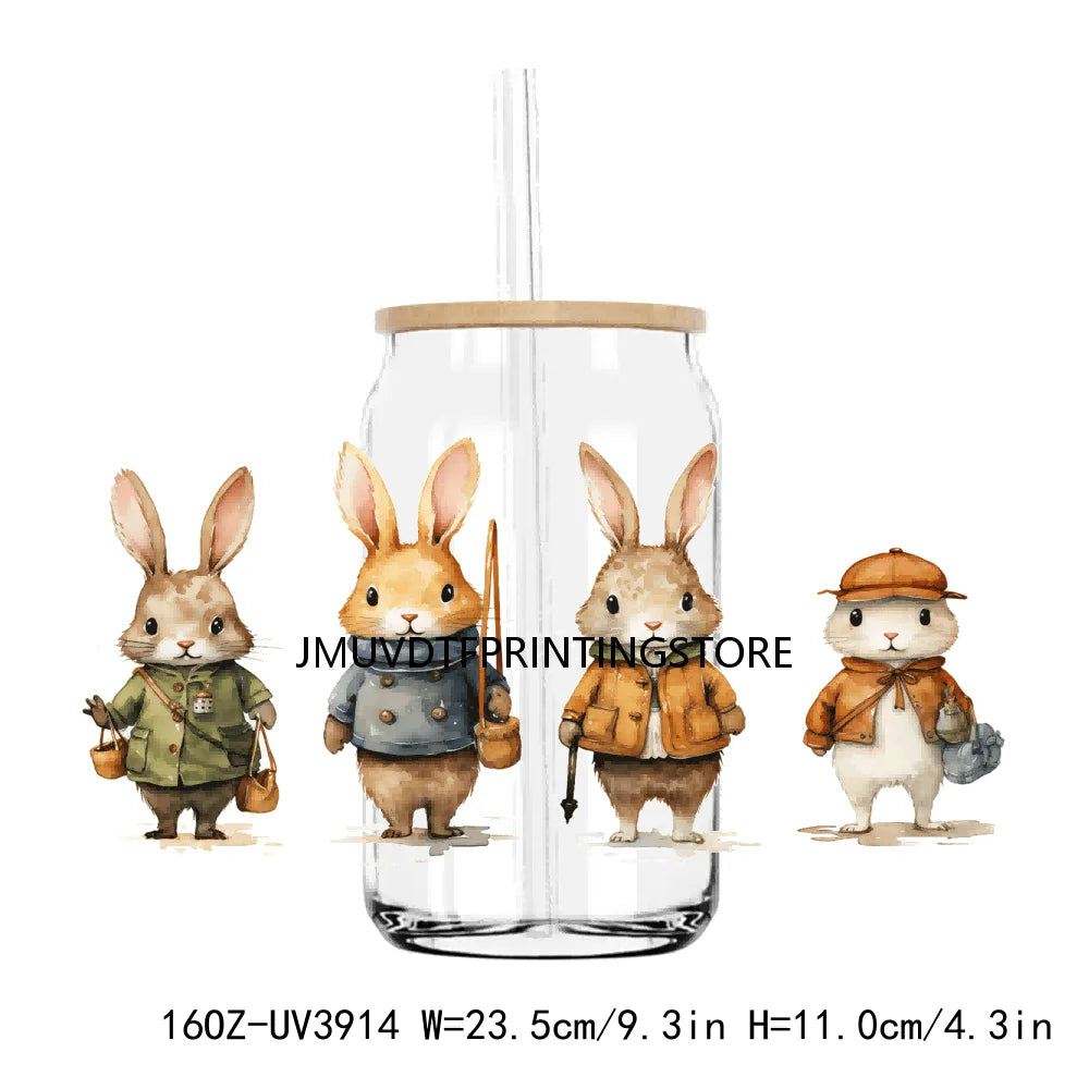 Cute Easter Bunny Rabbit With Flower 16OZ UV DTF Cup Wrap Transfer Sticker Custom Label DIY Waterproof Logo For Libbey Glass Can