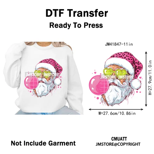 Pink Cartoon Glasses Coffee Drink Leopard Blowing Santa Claus Christmas Iron on DTF Transfer Stickers Ready to Press for T-shirt