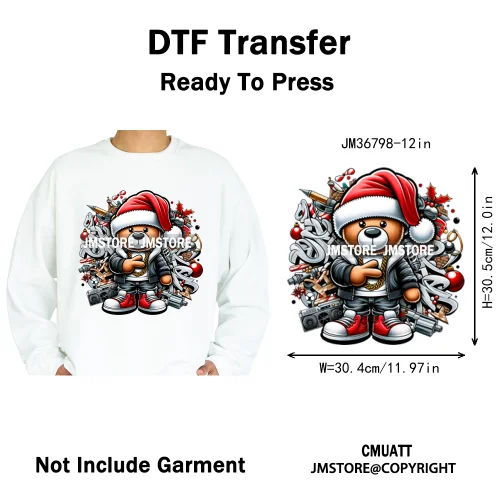 12in Cartoon Gangster Hip Hop Streetwear Teddy Bear Lover Designs Iron on DTF Heat Transfers Stickers Ready to Press for Hoodies