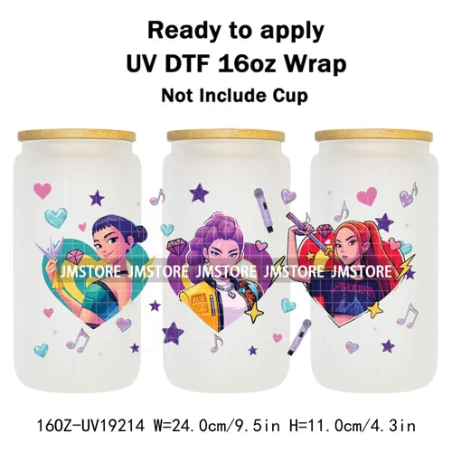 Demon Hunters Inspired Kpop Girls Bands UV DTF Transfer Sticker Durable Cup Tumbler Wrap For 16OZ Libbey Glass Wraps Bottle Mug