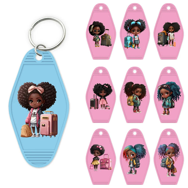 School Melanin Black Girls With Luggage High Quality WaterProof UV DTF Sticker For Motel Hotel Keychain Afro Children