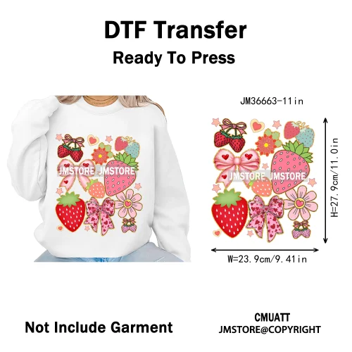 Boho Coquette Floral Strawberry Festival Vibes Summer Fruit Iron on DTF Thermal Transfer Sticker Ready to Press for Clothes Bags
