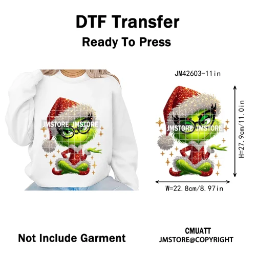 Faux Glitter Cartoon Christmas Movie Green Santa Kid Girly Xmas Iron on DTF Washable Transfer Sticker Ready to Press for Textile