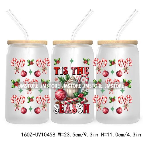 Merry Mama Social Club UV DTF Cup Wraps Transfers Sticker For 16OZ Libbey Glass Can Holiday Christmas Santa Tree Coquette Bow