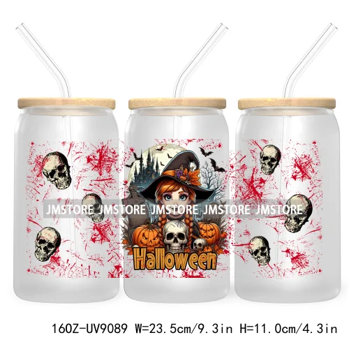 Spooky Halloween Princess 16OZ UV Cup Wrap DTF Transfer Sticker For Libbey Glass Can Cup Tumbler Waterproof Label Trick or Treat