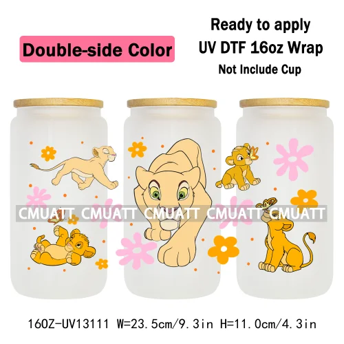 Double Side Color Cartoon Lion UV DTF Cup Wrap Transfer Stickers For 16oz Libbey Glass Beer Selfadhesive Waterproof Adhesive