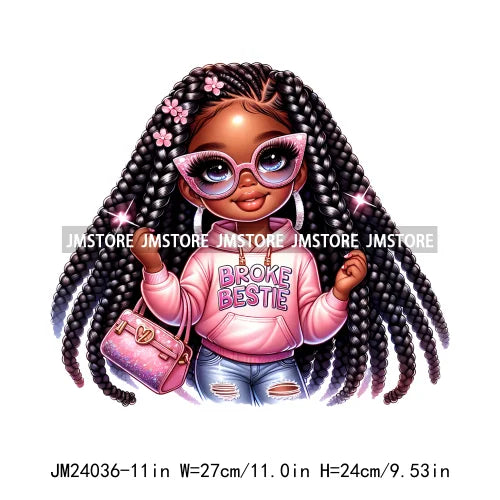 Mom Broke Bestie Little Girls Funny Quote Logos Curvy Black Afro Women Iron On DTF Transfer Stickers Ready To Press For T-shirts