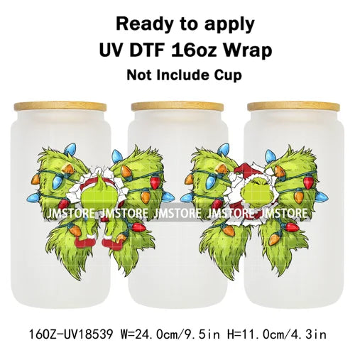 Coquette Bow Christmas Green Character UV DTF Stickers Ready To Apply Cup Wrap Custom Labels DIY Craft For Libbey Glass Can Mugs