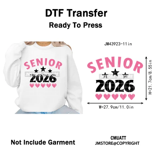 College Mega Senior 2K26 Coquette Class of 2026 Iron on Washable DTF Heat Transfers Stickers Ready to Press for Textiles Bags