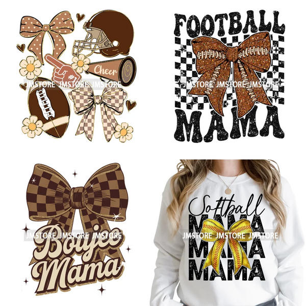 Retro Football Touchdown Season Checkered Coquette Sport Mama Iron on DTF Washable Transfers Sticker Ready to Press for T-shirts
