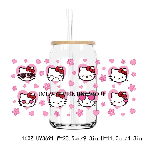 Cartoon Hello Girl Cat Valentine's Day UV DTF Sticker For 16OZ Libbey Glass Cup Can Wrap Transfer Sticker Custom Labels DIY Logo