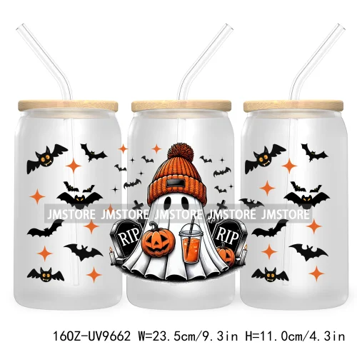 Spooky Ghost Fall Halloween Pumpkin Season UV DTF Sticker For 16OZ Libbey Glass Cup Can Autumn Leaves Wrap Transfer Stickers