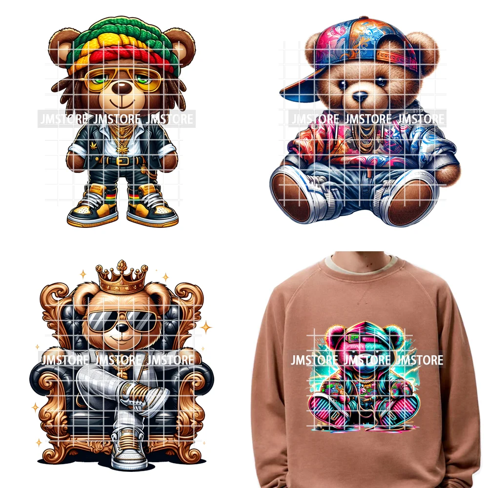 12in Cartoon Gangster Hip Hop Streetwear Teddy Bear Lover Designs Iron on DTF Heat Transfers Stickers Ready to Press for Hoodies