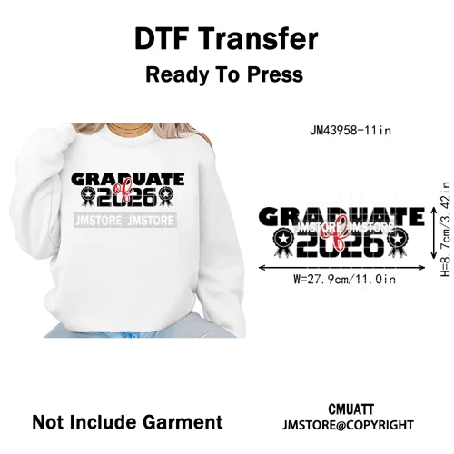 College Mega Senior 2K26 Coquette Class of 2026 Iron on Washable DTF Heat Transfers Stickers Ready to Press for Textiles Bags