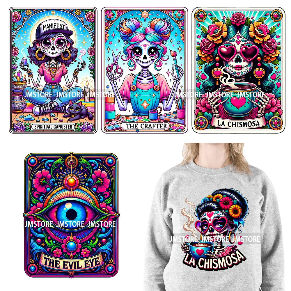 Funny Mexican Evil Eye Chismosa La Chigona Latina Skeleton Tarot Card Logos Iron On DTF Heat Press Transfer Stickers For Clothes