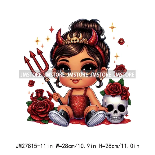 Chibi Cute Halloween Devil Latina Baby Hispanic Girls Skull Red Rose DTF Iron On Transfer Stickers Ready To Press For Sweatshirt