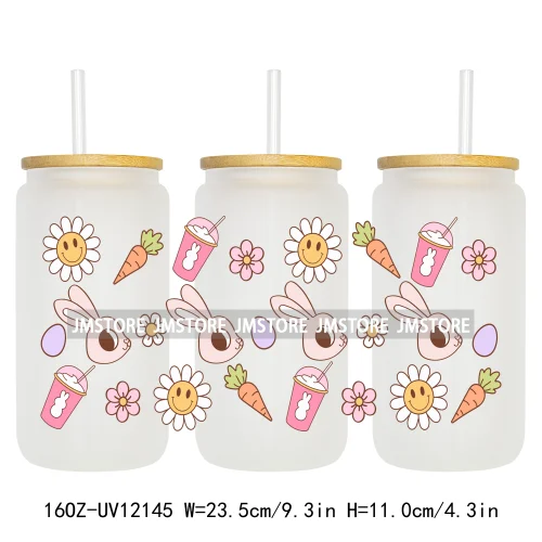 Retro Easter Bunny Rabbit Eggs Flowers 16OZ UV Cup Wrap DTF Transfer Stickers For Libbey Glass Can Cup Tumbler Waterproof Labels