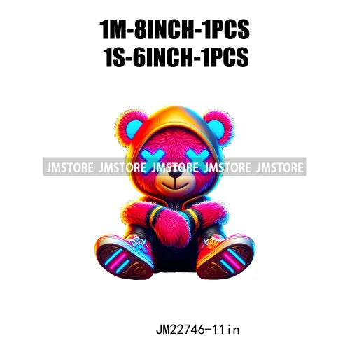 Cool Neon Colorful Hip Hop Streetwear Urban Teddy Bear Iron On DTF Transfers Stickers Ready To Press For Clothing Bags