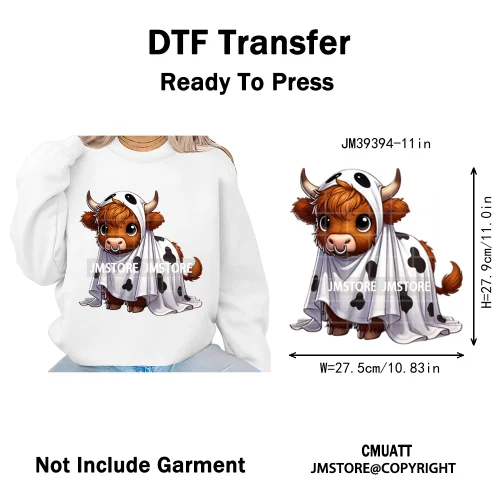 Horror Spooky Cartoon Baby Highland Cow Halloween Vibes Animal Iron on DTF Washable Transfers Sticker Ready to Press for Hoodies
