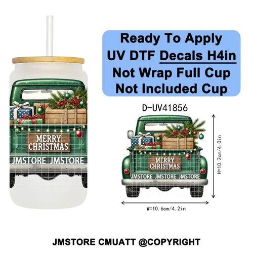 Watercolor Christmas Farm Truck Xmas Gifts UV DTF Transfer Stickers Decals Ready To Apply Waterproof For 16OZ Libbey Glass Can