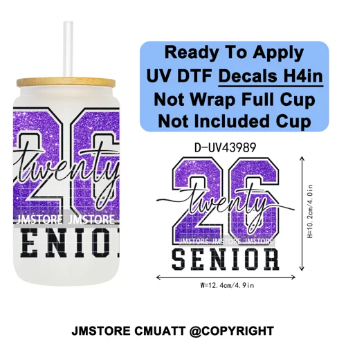 Faux Glitter Senior 2026 School UV DTF Decals Ready To Apply Waterproof Transfer Stickers DIY Crafts For 16OZ Libbey Glass Can