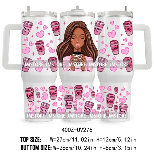 40OZ Tumbler Wrap Girl With Coffee UV DTF Cup Wraps Transfer Stickers Custom Labels Durable Waterproof Logo Pink Drinks Lady