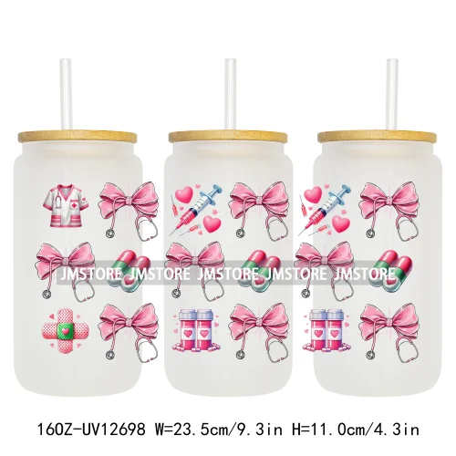 Nurse Life Quotes Coquette Heart Stethoscope Bow 16OZ UV Cup Wrap DTF Transfer Stickers Logo For Libbey Glass Can Cups Tumbler