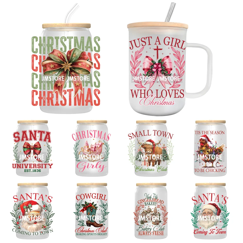 Just A Girl Who Loves Christmas UV DTF Transfer Stickers Decals For Libbey Cold Cups Mugs Tumbler Xmas Santa Coquette Bow Girly