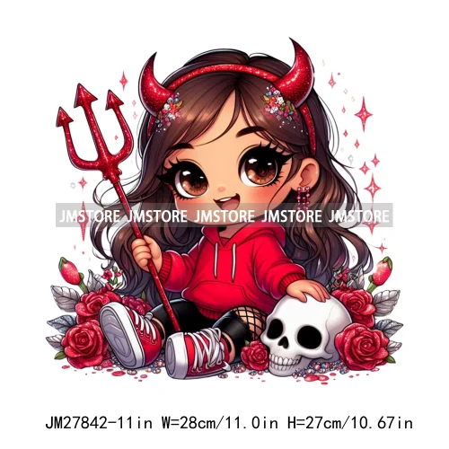 Chibi Cute Halloween Devil Latina Baby Hispanic Girls Skull Red Rose DTF Iron On Transfer Stickers Ready To Press For Sweatshirt