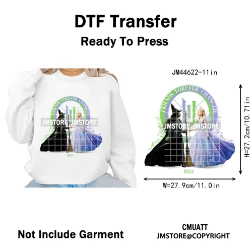 Pink and Green Magic Broomstick Witches Movie Fans Iron on Washable DTF Heat Transfers Stickers Ready to Press for Sweatshirts