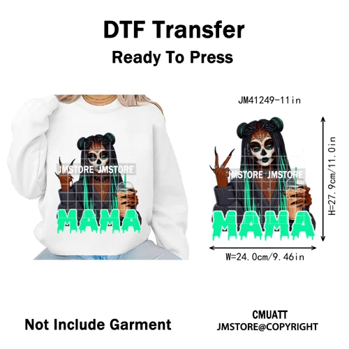 Coffee Lover Afro Mama Spooky Halloween Killer Cartoon Women Iron on Washable DTF Transfers Stickers Ready to Press for Hoodies