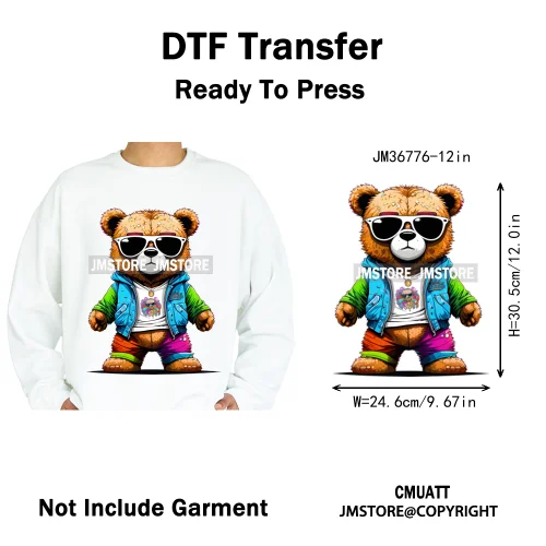12in Cartoon Gangster Hip Hop Streetwear Teddy Bear Lover Designs Iron on DTF Heat Transfers Stickers Ready to Press for Hoodies