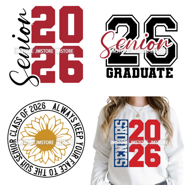 2026 Varsity Graduate Season College Senior Year Bow Iron on Washable DTF Heat Transfers Stickers Ready to Press for Sweatshirts