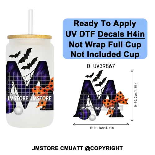Polka Dot Pumpkin Halloween Letter Coquette UV DTF Decals Ready To Apply Waterproof Transfer Stickers For 16OZ Libbey Glass Can