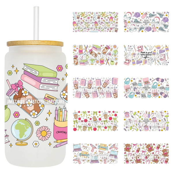 Coffee Coquette Bookish School Girly UV DTF Wraps Transfer Sticker Waterproof High Quality For 16OZ Libbey Glass Can Tumbler Mug