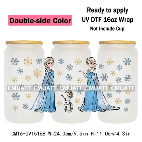 Double Sided Color UV DTF Cup Wraps 16OZ Bulk Waterproof Wholesale Custom Cartoon Cute Princess Mug Glass Water Bottles Sticker