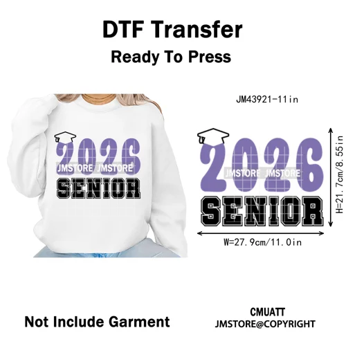 College Mega Senior 2K26 Coquette Class of 2026 Iron on Washable DTF Heat Transfers Stickers Ready to Press for Textiles Bags