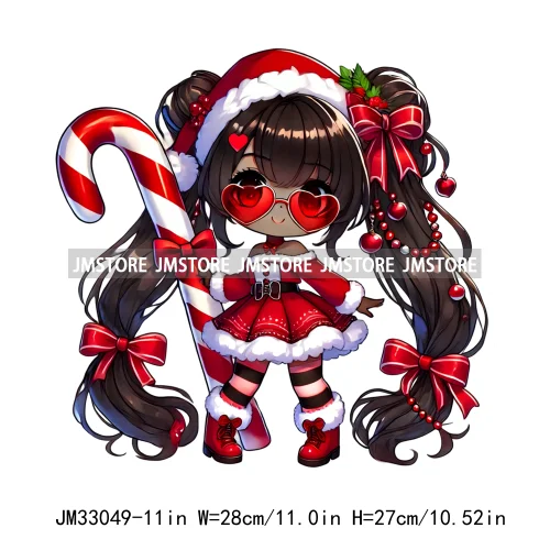 Cute Santa Hat Baby Afro Girls Coquette Bow Christmas Festive Holiday Iron On DTF Transfer Stickers Ready To Press For Clothing