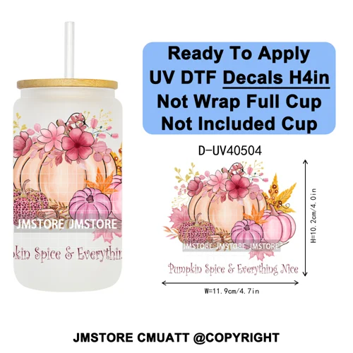 Cozy Autumn Fall Pumpkin Spice UV DTF Decals Ready To Apply Waterproof Transfer Stickers DIY Crafts For 16OZ Libbey Glass Can