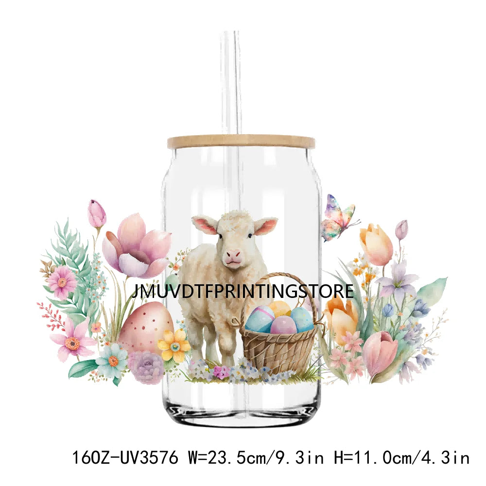 Happy Easter Day UV DTF Sticker For 16OZ Libbey Glass Cup Can Wrap Transfer Sticker Custom Labels DIY Logo Animals Bunny Eggs