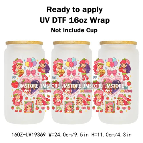 Strawberry Girls Cartoon Magic Mirror UV DTF Transfer Sticker Cup Tumbler Wrap For 16OZ Libbey Glass Wraps Bottle Mug DIY Labels