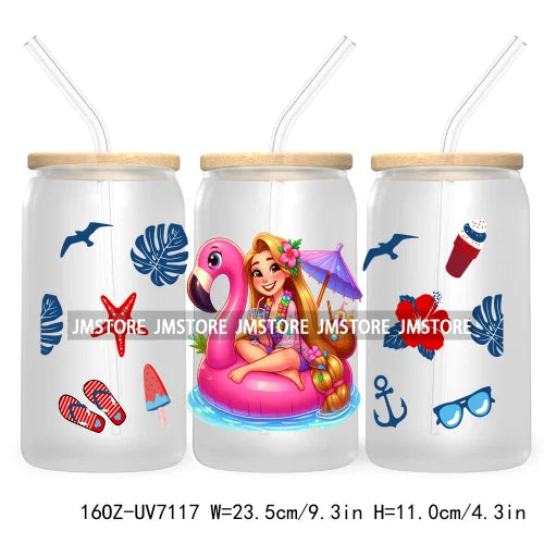 Cartoon Princess's Summer Vacation 16OZ UV DTF Cup Wrap Transfers Stickers For Libbey Glass Can Cups Tumbler Waterproof Craft