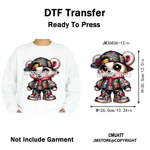 12in Hip Hop Vibes Urban Style Rich Bear With Gold Chains King Animal Iron on DTF Transfers Stickers Ready to Press for Textile