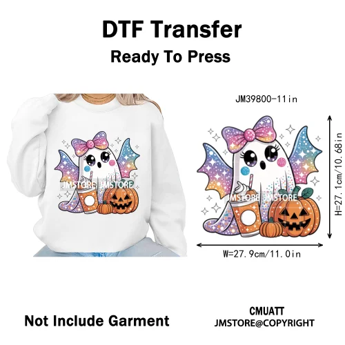 Spooky Coffee Lover Halloween Coquette Pumpkins Witches Ghost Iron on DTF Washable Transfers Stickers Ready to Press for Clothes