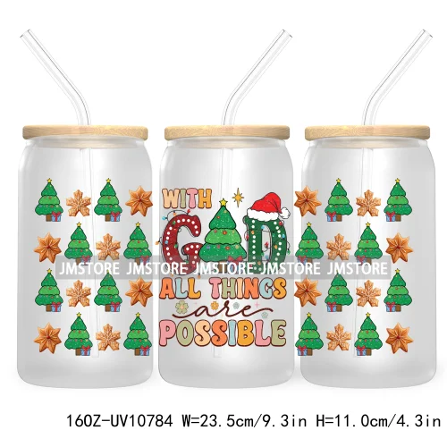 Religious Jesus Christmas UV DTF Cup Wrap For Libbey Glass Can Transfer Stickers Waterproof Custom Labels Christian Cross Bow