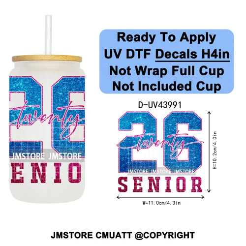 Faux Glitter Senior 2026 School UV DTF Decals Ready To Apply Waterproof Transfer Stickers DIY Crafts For 16OZ Libbey Glass Can