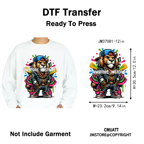 12in Urban Gangster Rich Money Lion Beats Shark Vibes Iron on DTF Thermal Transfers Stickers Ready to Press for T-shirts Bags